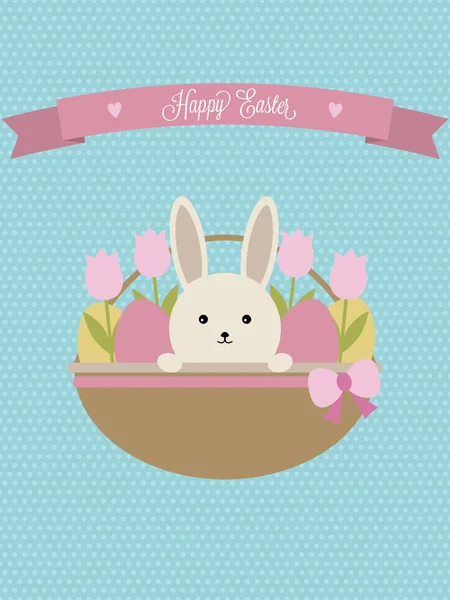 Vector Easter card. Easter basket with rabbit, eggs and tulips. — Stock Vector