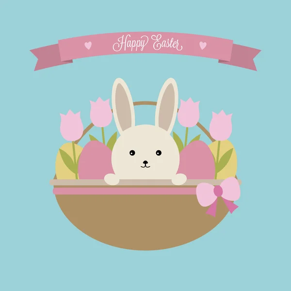 Vector Easter card. Easter basket with rabbit, eggs and tulips. — Stock Vector