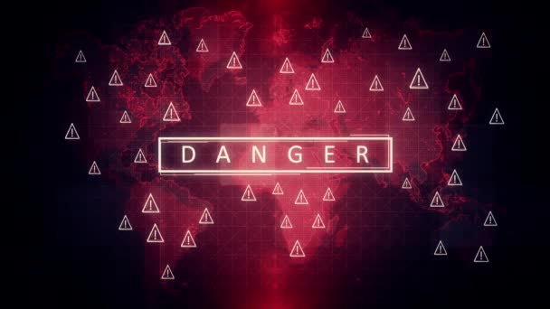 Video mit animierten Zeichen der Gefahr auf der Weltkarte. — Stockvideo
