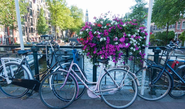 Amsterdam / Hollanda - 03 Ağustos 2018: Bisikletler ve antik mimari ile süslenmiş Amsterdam kanallarının manzarası. Amsterdam kanallarının manzarası çok güzel..