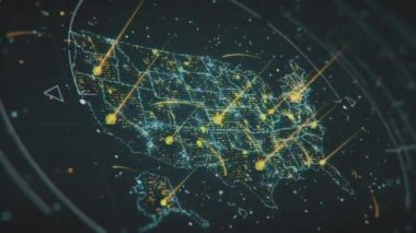 Vurgulanmış bölgeleri ve eyaletler arası bağlantılarıyla Amerika Birleşik Devletleri 'nin parlayan haritası. Yüksek teknolojili fütüristik görüş ve ışık noktaları ve çizgilerle ABD haritasının taranması.
