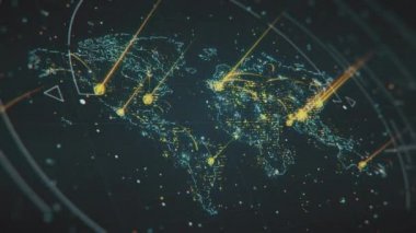 Parlak alanları ve eyaletler arası ışık bağlantıları olan parlak Dünya Haritası. Yüksek teknolojili fütüristik görüş ve ışık noktaları ve çizgilerle Global Haritanın taranması.