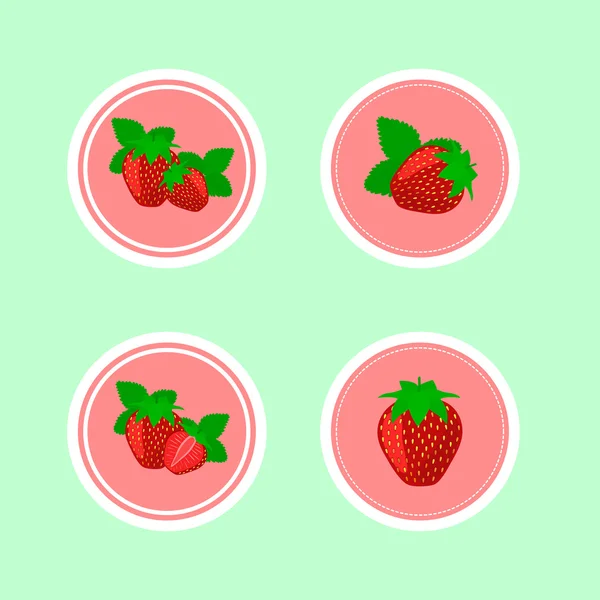 맛있게 익은 딸기와 디자인 스티커. — 스톡 벡터