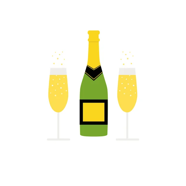 Ano Novo garrafa de vinho espumante e copos — Vetor de Stock