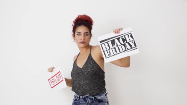 Zeer Gelukkig Meisje Dansend Lachend Springend Met Twee Black Friday — Stockvideo