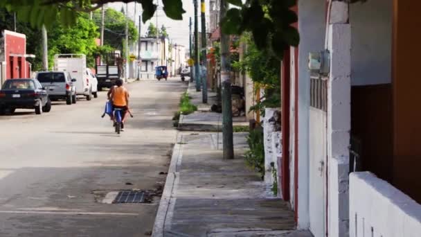 Gente Una Bicicleta Camión Pasan Por Una Calle Una Ciudad — Vídeo de stock