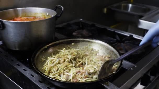 Przygotowanie Żywności Mieszanie Składników Przyprawianie Mięsa Razem Ryżem Metalowym Pojemniku — Wideo stockowe