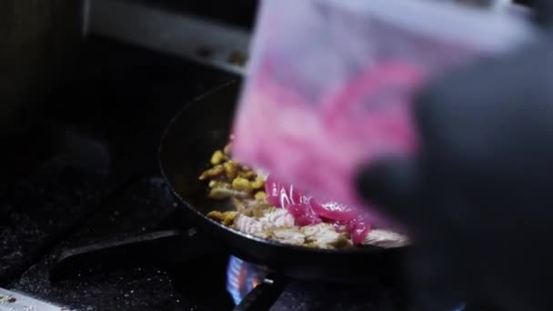 Przygotowanie Żywności Mieszanie Składników Przyprawianie Mięsa Metalowym Pojemniku Gotowanie Kuchni — Wideo stockowe