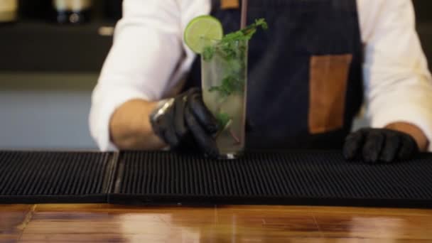 Barmen Tezgahta Kokteyl Hazırlıyor Mojito Kokteylini Barın Üzerine Koyuyorum Ellerine — Stok video