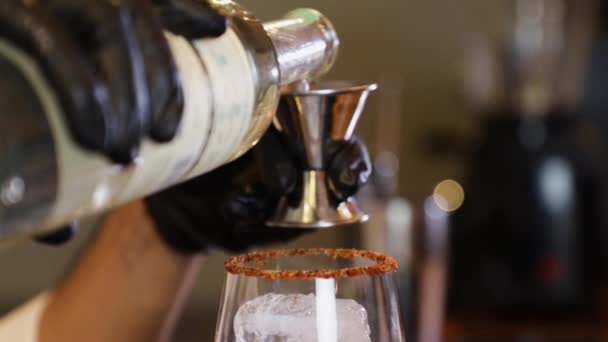 Barmen Tezgahta Kokteyl Hazırlıyor Şişeden Küçük Metal Bir Ölçü Kabına — Stok video