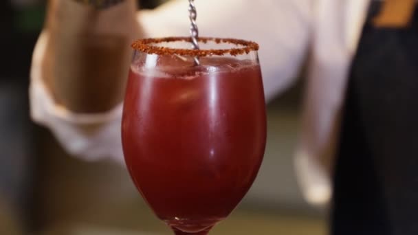 Barmen Tezgahta Kokteyl Hazırlıyor Kristal Bardakta Metal Karıştırıcı Şarap Demirhindi — Stok video