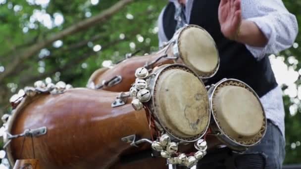 Percussionist Mann Spielt Eine Fledermaustrommel Nahaufnahme Seiner Hände — Stockvideo