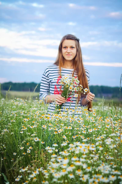 カモミール フィールドの女の子。カモミールの減少. — ストック写真