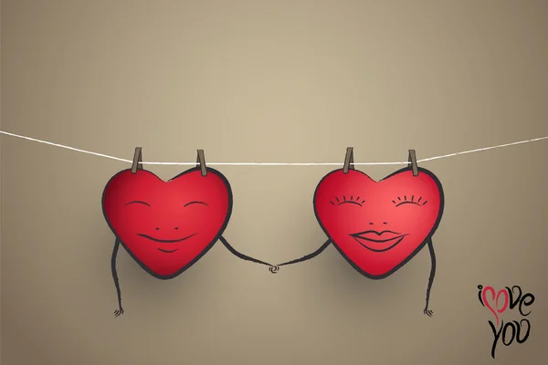 Couple de coeur accroché sur une corde à linge se tenant les mains — Image vectorielle