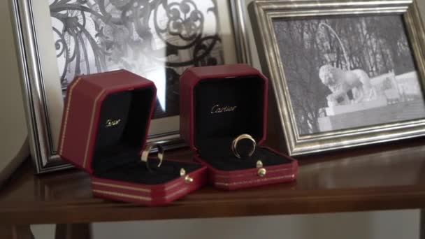 MOSKOU - JULI 12, 2020: Cartier trouwringen in rode dozen — Stockvideo