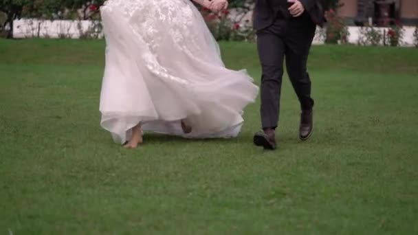 Casal jovem noiva e noivo andando em um parque, amor — Vídeo de Stock
