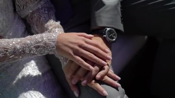 Panna młoda i pan młody trzymają się za ręce. Małżeństwo zakochane. — Wideo stockowe