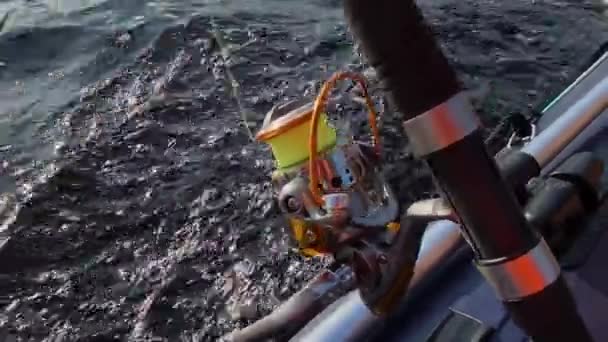 KARELIA, RUSIA - 20 DE OCTUBRE DE 2020: Pesca de curricán spinning desde un barco — Vídeos de Stock