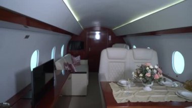 Interior cabin of private luxury vip jet. Inside of airplane plane