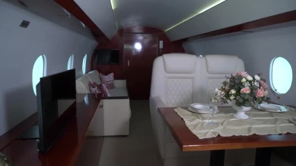 Interior cabin of private luxury vip jet. Inside of airplane plane — стоковое видео