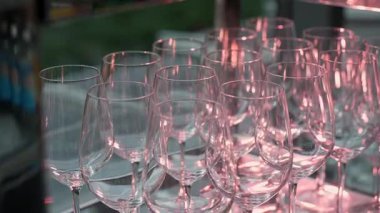 Row of Pink Lit Wine bardakları çatı katında, barmen cilası kökleri, DJ Set Mod Işıkları, Sunucu Hazırlama Tostu, Akşam Neonu