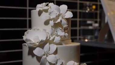 Yuvarlak Bistro Masasında Beyaz Düğün Pastası, Şelale Şekerleri ve Yumuşak Fondöten, Mum Işığı Menüsü ve Pembe Masa Arkası, Mahrem