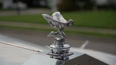 NEW YORK, ABD - 7 Ekim 2025: Cilalanmış Krom Başlıklı Süs Eski Lüks Arabanın Kapanışı, Sığ Saha Derinliği, Bulanık Bahçe Arkaplanı, Şekil Ayrıntıları