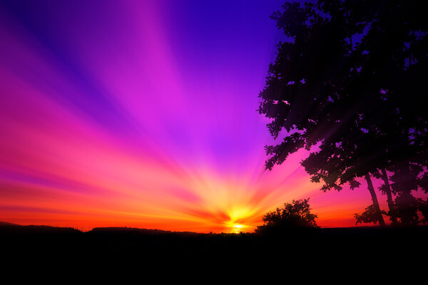 Red and purple sunset with rays of sun that stretch in the sky