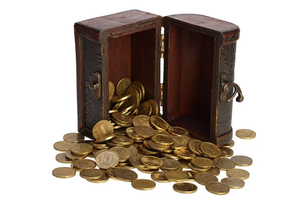 Wooden chest with coins inside isolated background — Stock Photo, Image