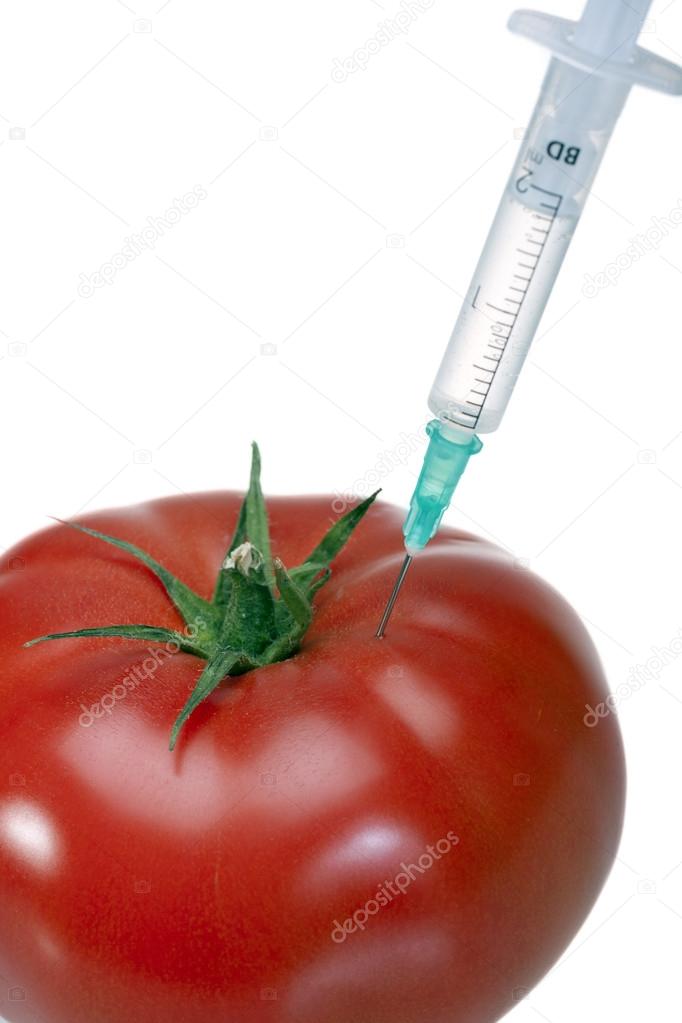 Tomatoes and syringes isolated on white background