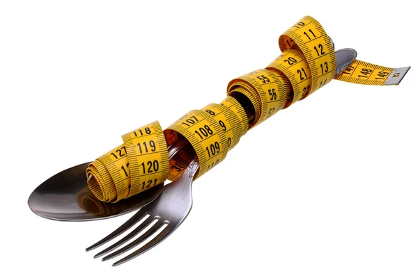 Tenedor y cuchara atado metro —  Fotos de Stock