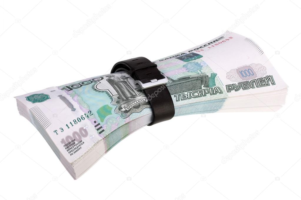 bundle rubles under pressure  isolated on white with Clipping Path