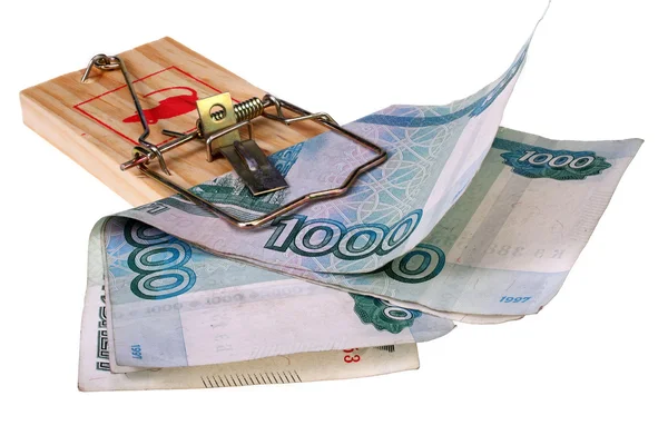 Foto de una trampa de ratón con el dinero como cebo, concepto —  Fotos de Stock