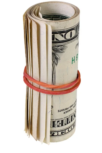 Rolo de dólar apertado com elástico. Dinheiro laminado isolado em branco . — Fotografia de Stock