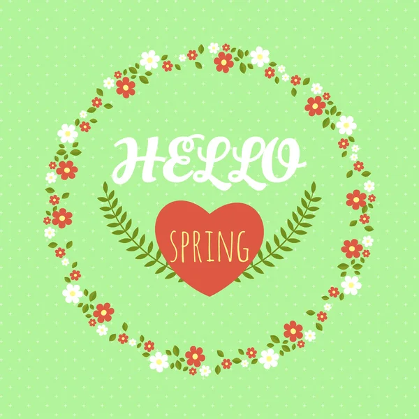 Hola primavera. Corona de primavera de flores. Tarjeta de felicitación . — Vector de stock