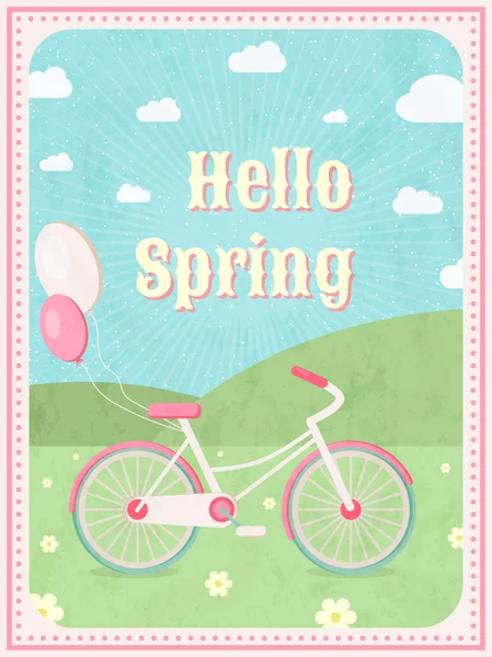 Olá primavera. Bicicleta com balões —  Vetores de Stock