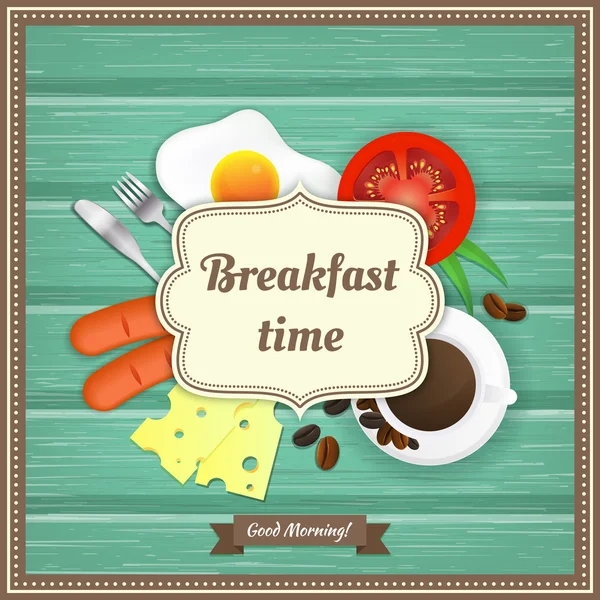 Dřevěné pozadí s sázené vejce, párky, káva, rajče, sýr, vidličkou a nožem — Stockový vektor