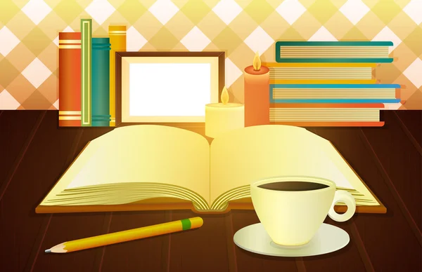 เปิดหนังสือและถ้วยกาแฟ — ภาพเวกเตอร์สต็อก