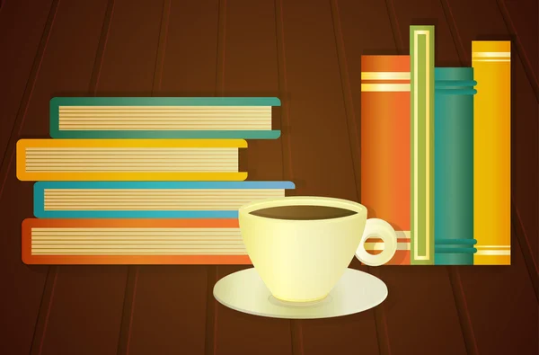 Livros e xícara de café na mesa — Vetor de Stock