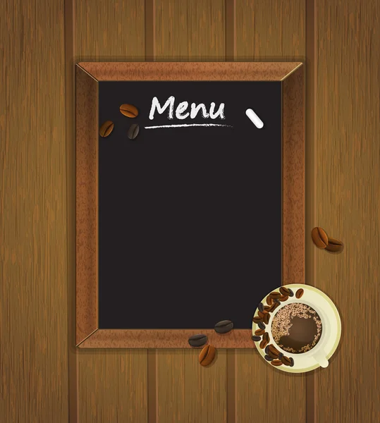 Cafe menu bord met kopje koffie een koffie bonen — Stockvector