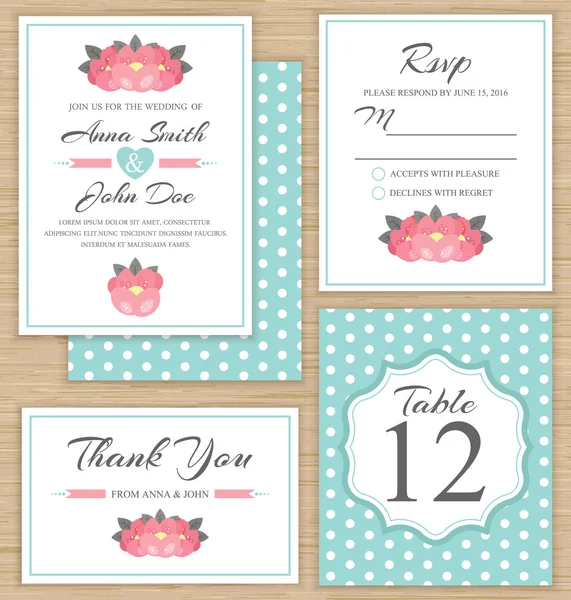 Plantilla de invitación de boda, tarjeta de agradecimiento, tarjeta RSVP. Conjunto de boda — Archivo Imágenes Vectoriales