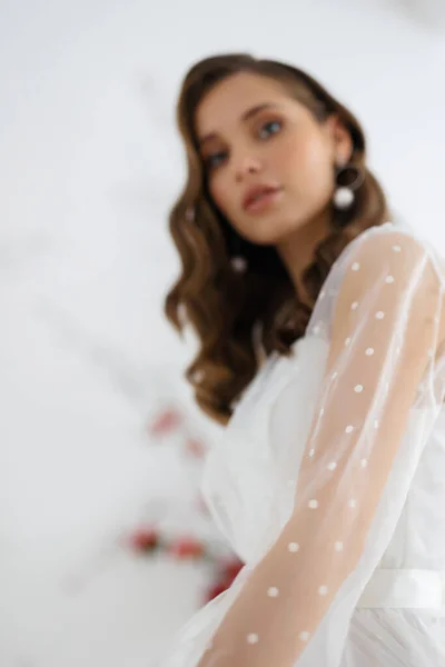 Fashion Portrait Young Woman Bride Posing White Wedding Dress Wedding — Stock Photo, Image