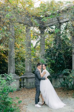 Zarif bir gelinlik içindeki çekici gelin, sıcak bir yaz gününde, tropikal bir bahçede, gri bir takım elbise içindeki damadı taştan sütunlar içinde kucaklıyor..