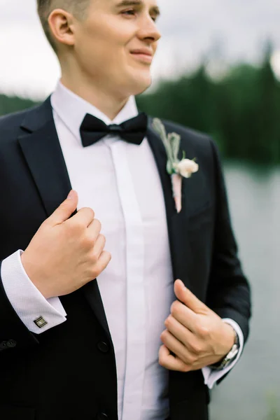 European Man Black Tuxedo Holds His Collar His Hands Concept — Stock Photo, Image