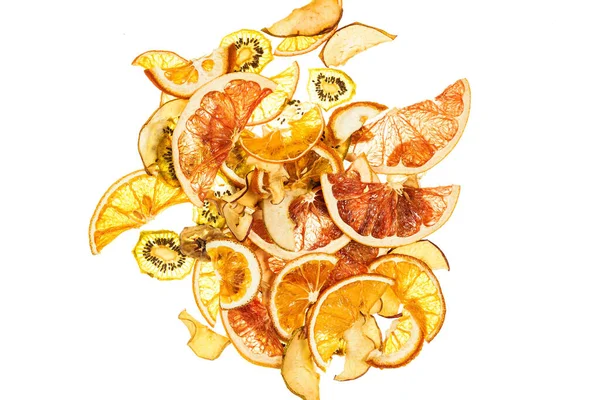 Mischung Aus Fruchtchips Auf Einem Transparenten Weißen Hintergrund Banane Orange — Stockfoto