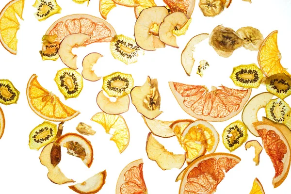 Chips Frutas Secas Sobre Fondo Blanco Transparente Pomelo Naranja Plátano —  Fotos de Stock