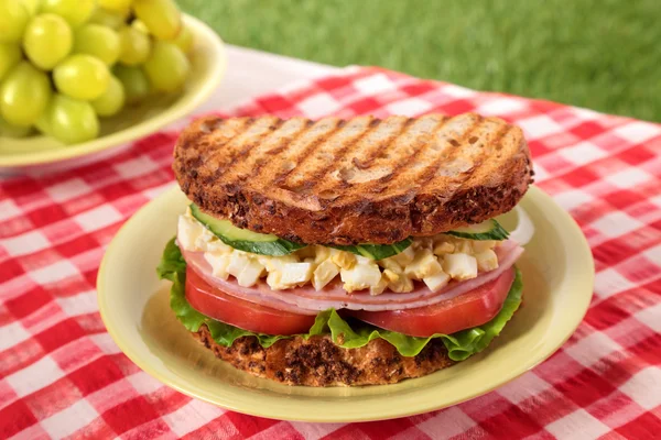 Sonka és tojás piknik szendvics a nyáron kültéri asztal — Stock Fotó