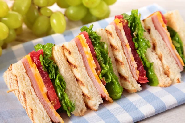 Nyári piknik club szendvics sonkával és sajttal egy sorban — Stock Fotó