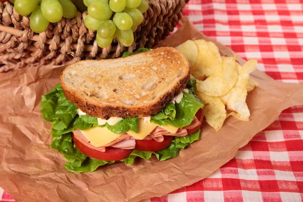 Picnic basket toasted ham and cheese sandwich — Stock Photo, Image