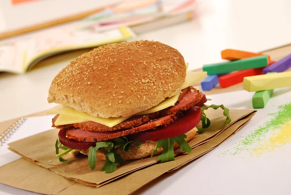 School lunch series: pastrami wholemeal roll sandwich — Stock Photo, Image